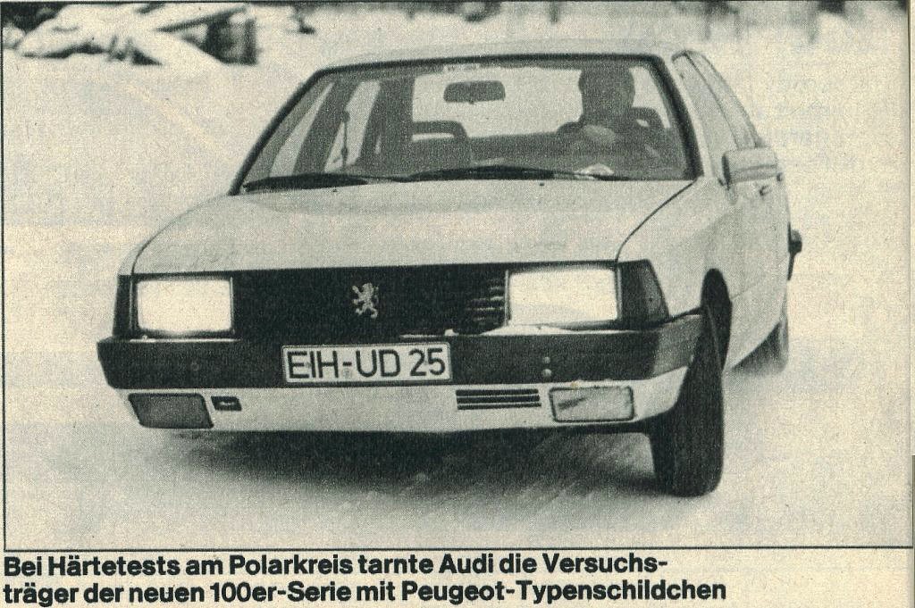 Audi 100 Prototyp mit getarnter Front, Testfahrt am Polarkreis 1979/80