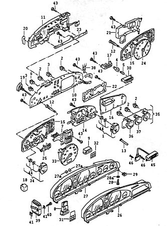 Kombiinstrument des Audi 100/200 Typ 44 in Einzelteilen mit Zusatzinstrumenten